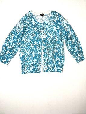 Talbots Puns Cotton Blue and White Floral Print Cardigan Button Front Size Large